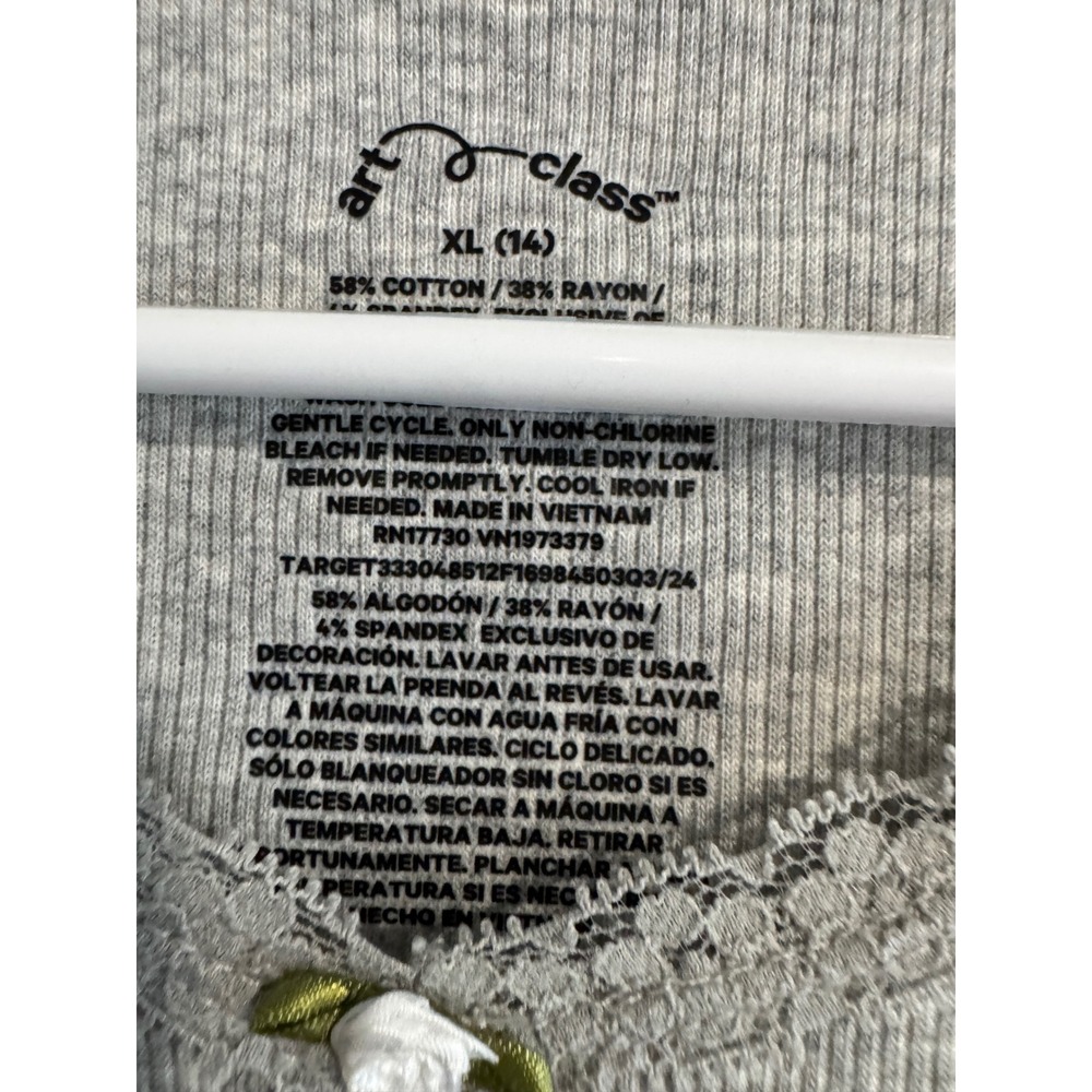 Art Class Ribbed Long Sleeve Top Girls XL 14 Gray Lace Trim Rosette - Picture 2 of 3
